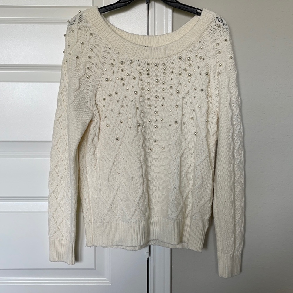 White sweater with pearl embellishments from WHBM